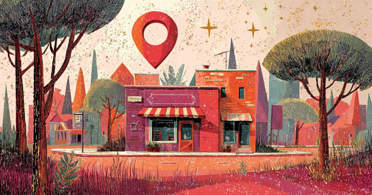 Illustration of a small-town storefront among trees with a big red map pin floating above it and gold stars in the sky.
