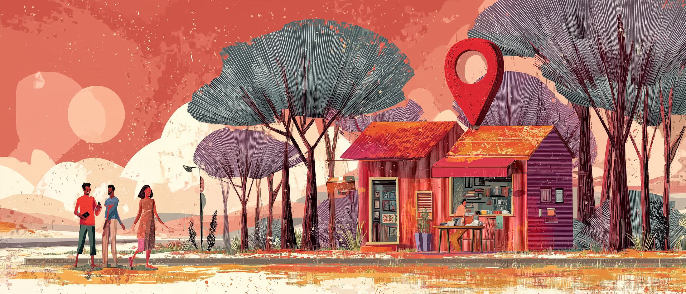 Illustration of three customers walking toward a small local shop, with a large red map pin floating above the storefront.