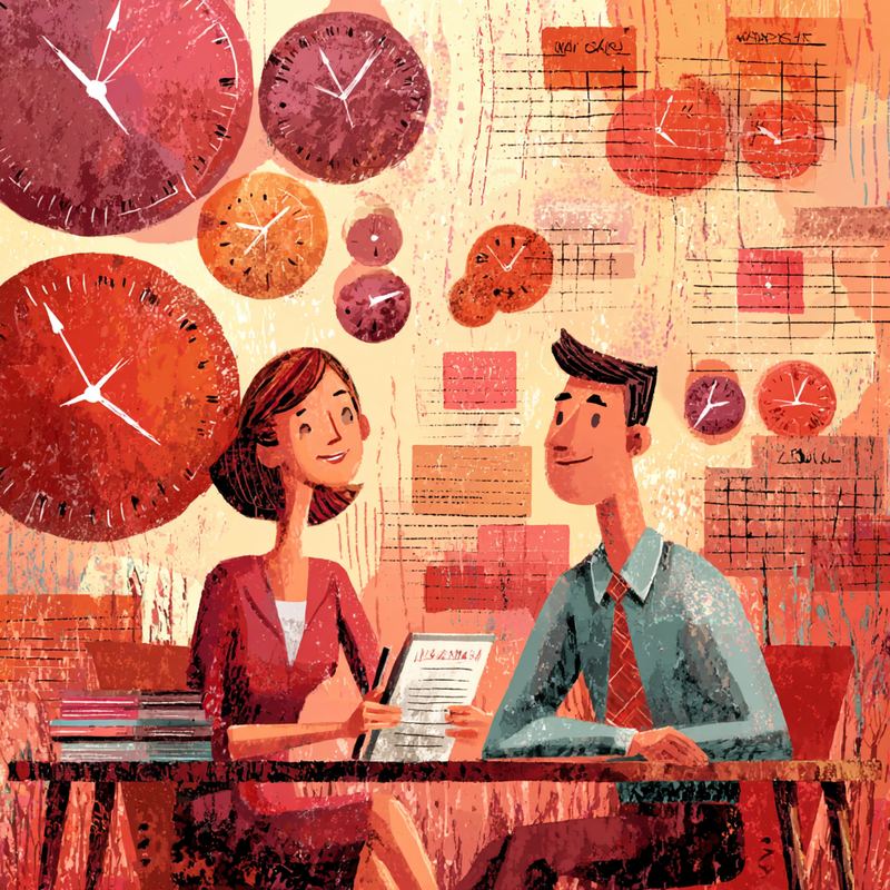 A consultant and a small business owner at a table reviewing a schedule, with clocks floating above them.