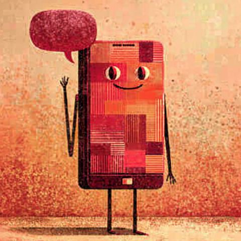 A cheerful phone waving, with a speech bubble